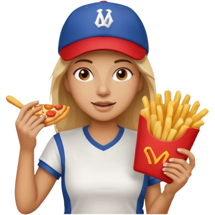 lean female holding fries on one hand and eating pizza on the other hand emoji