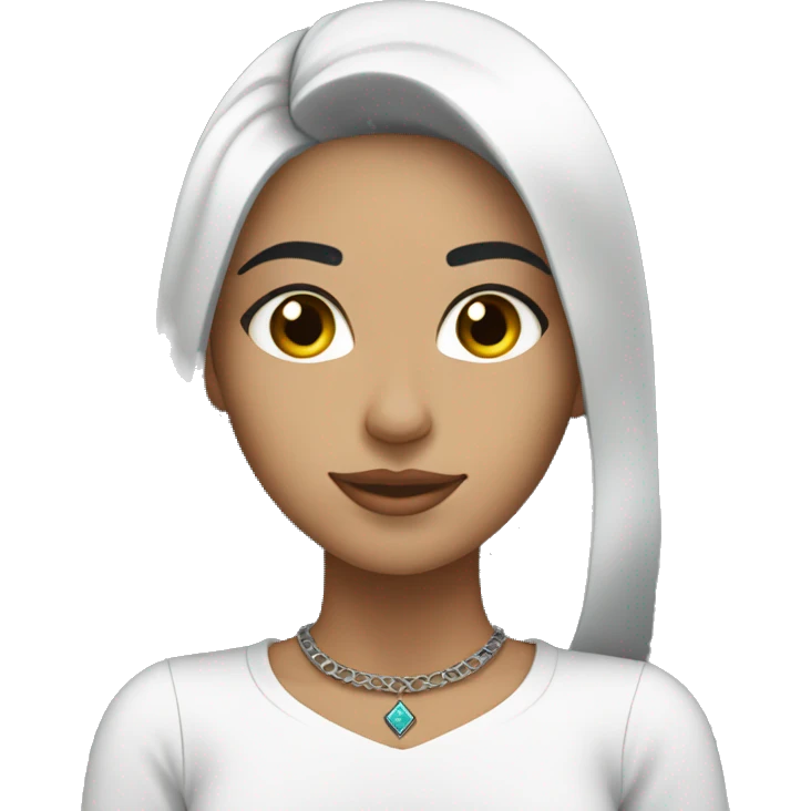 a moroccan young adult girl working on her laptop; whiter complexion, black hair wih choker emoji