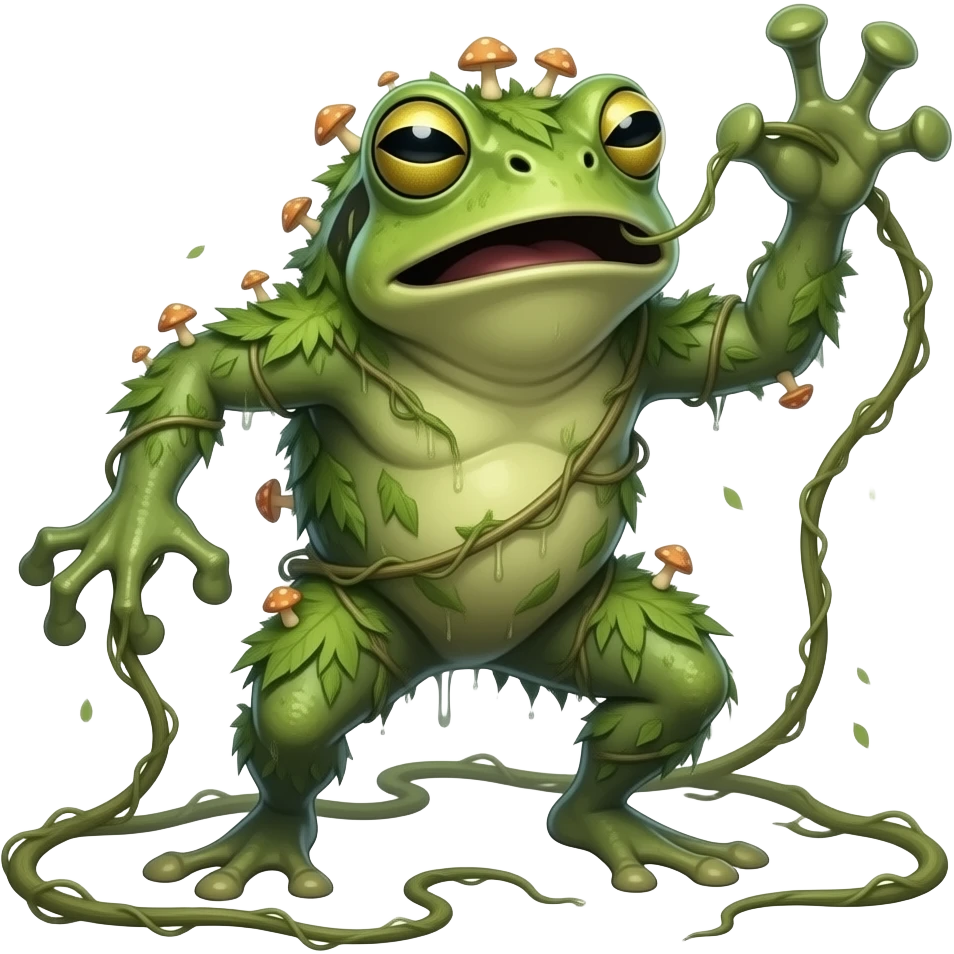Mosskip A frog-like plant creature with spiky vine markings and damp green skin. it is dry, and is covered in leaves and mushrooms. attacks with whipping vines emoji