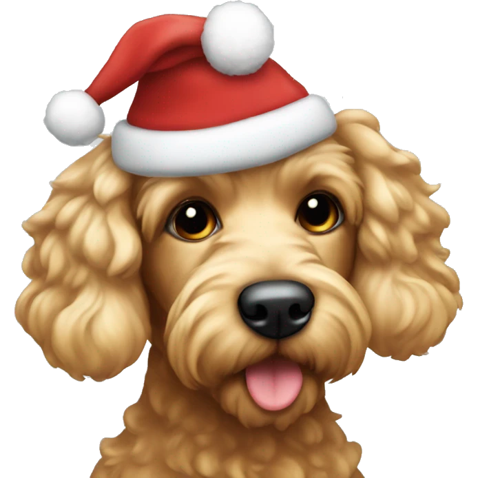 A blonde cockapoo dog with a brown nose and a Christmas hat on   emoji