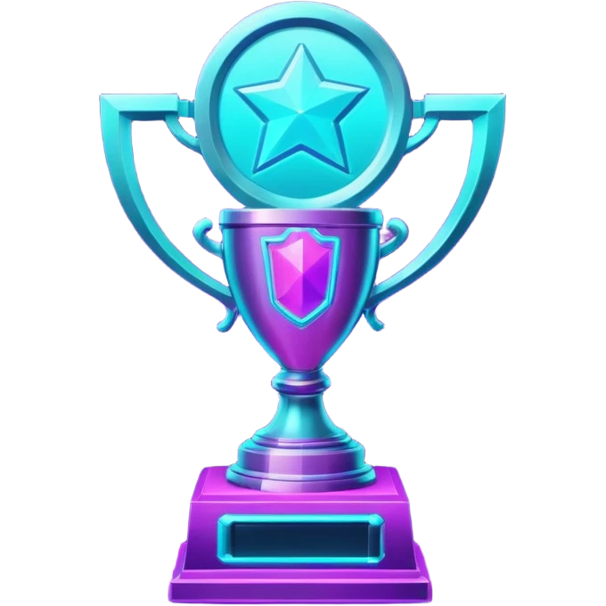 futuristic glowing neon trophy beside, purple and cyan glow, dark background emoji