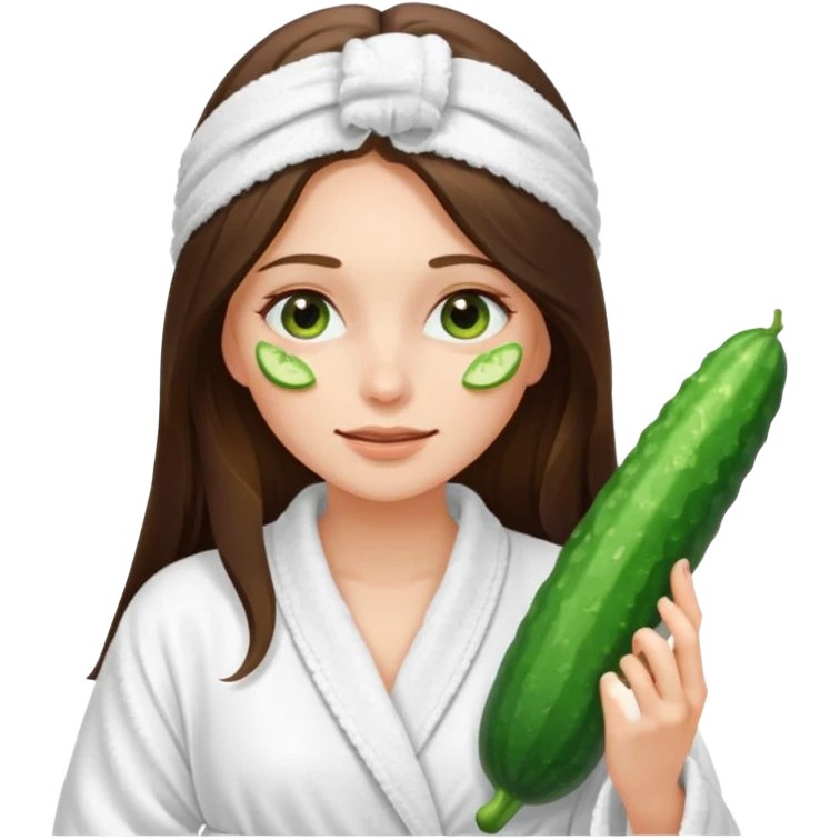 white long brunette hair girl with hazel eyes in a bathrobe with cucumber slices covering her eyes emoji