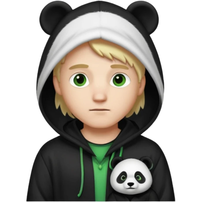 A white man with green eyes, medium-length blond hair, wearing a panda hoodie and black pajama-like robes. emoji