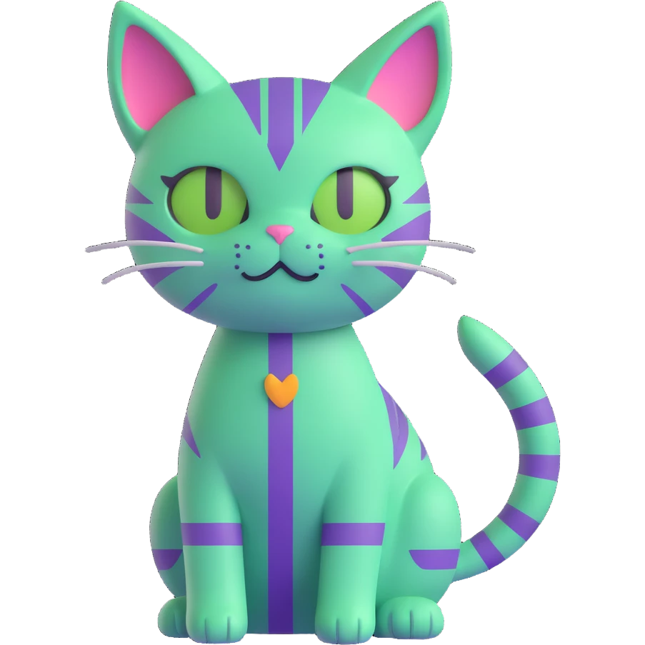 futuristic and energetic cat inspired by the Solana logo, vibrant green and purple stripes emoji