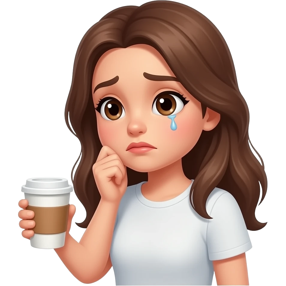 a brunet girl thinking tired with a coffe on her hand emoji