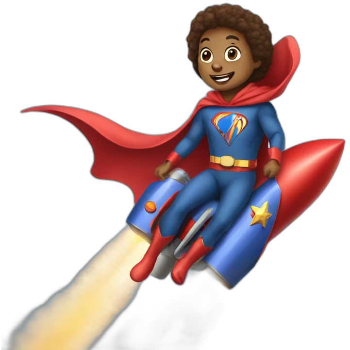 person dressed with a superhero cape but without mask is riding on a rocket emoji