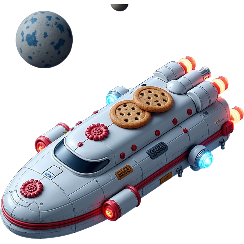 Outside view of a half-spaceship cookie factory floating in orbit, metallic hull with cookie insignia, glowing pipes connecting modules, stars and planets in the background emoji