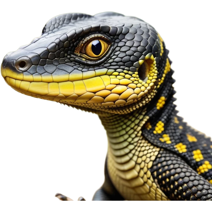 cinematic-realistic-cute-monitor-lizard-portrait-emoji,-head-tilted-playfully-and-inquisitively,-featuring-a-compact,-agile-body-with-finely-detailed,-glossy-scales-in-earthy-black and yellow-hues-and-a-distinct,-alert-face-with-bright,-curious-eyes, black , yellow spotted and green band  scales and a slender neck emoji