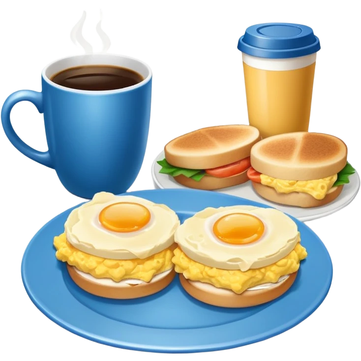 a blue plate with breakfast sandwiches and scrambled eggs and a cup of white coffee emoji