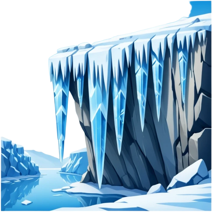A stunning winter scene showing long, sharp icicles hanging from a frozen cliff or ledge, glistening in bright daylight. The surface is covered in snow and ice, with a cold blue and white color palette, highly detailed, realistic lighting, and frosty atmosphere. emoji