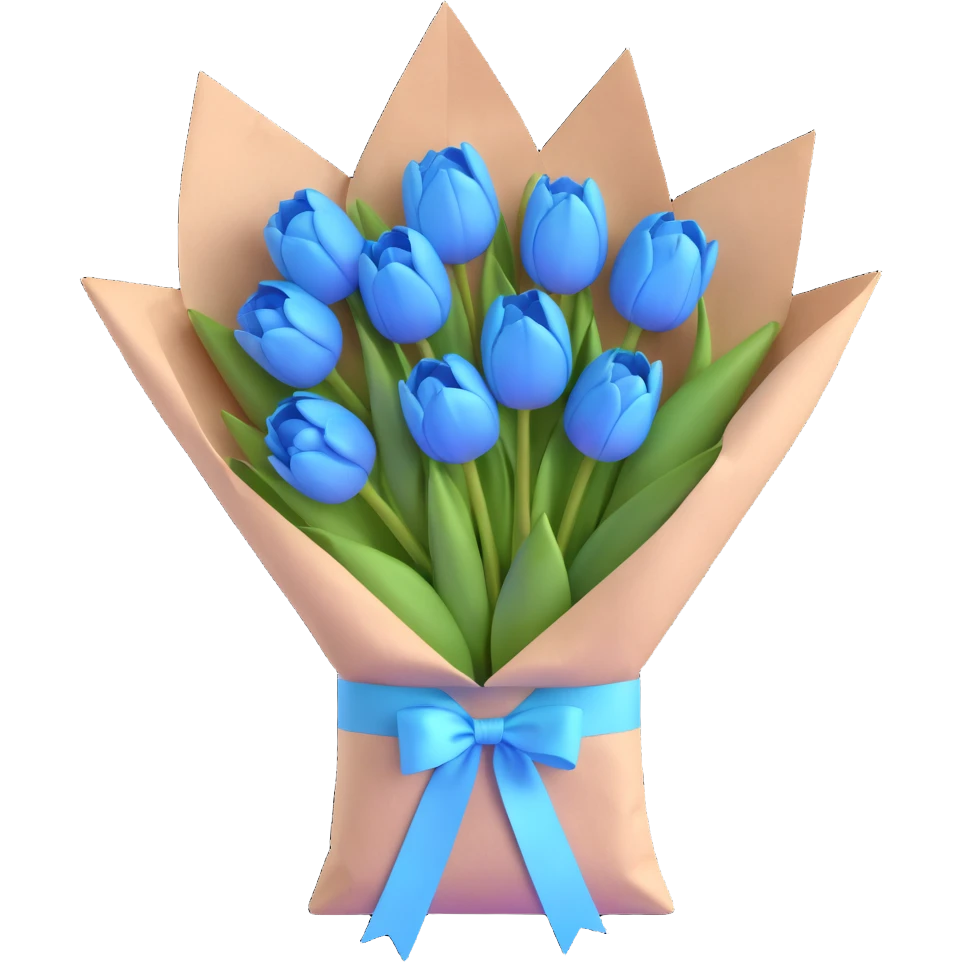 blue tulips bouquet in a crisp white paper bag, tied with a pastel blue ribbon, soft blue pastel palette, subtle shadows, minimal and clean, 3D iOS emoji style emoji