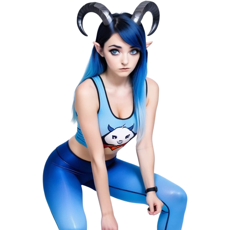 Disapponted-big tears-head back texting on phone-very very large upper body-sexy face-bending forward at waist-very long very straight dark blue to light blue ombre hair-and-blue eyes-thick black eyeliner-cute goat horns-iridescent blue lowcut tanktop with black leggings with glitter superman logo emoji