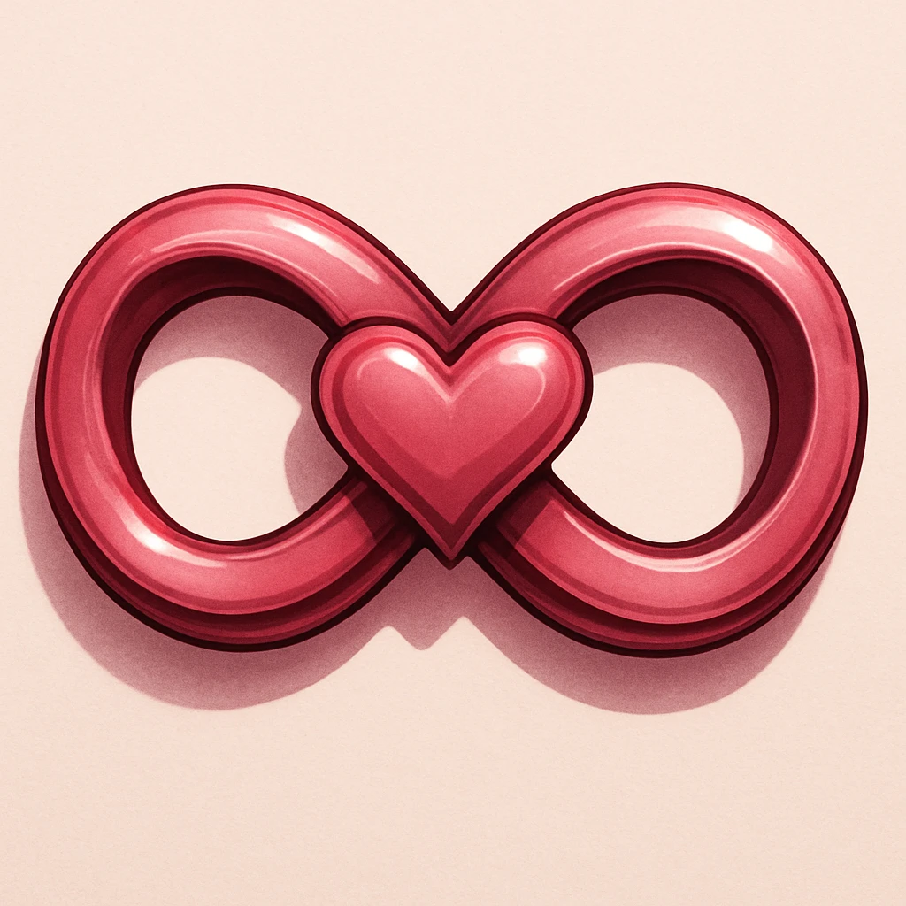A highly detailed pink infinity symbol with bold, deep shadows and bright highlights, the heart formed by the crossing point of the infinity, so the center of the symbol is a heart shape. emoji