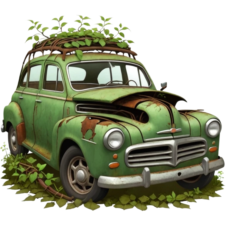 Broken down old car covered in rust and vines,  cracked windshield, weeds growing through wheels,  muted desaturated browns and greens,  decay texture, forgotten and overgrown emoji