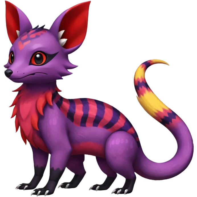 Rare epic aesthetic colorful Salandit-Noibat-Eevee-Civet-species-Fakemon-hybrid-creature, with markings, full body emoji