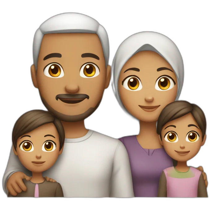 Family of four: a mom who is the only person wearing a hijab, a dad, a young little girl, and a young little boy, light brown skin, dark hair emoji