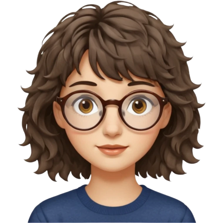 Koyu renk, dağınık dalgalı saçlı, kısa kahküllü, yuvarlak gözlüklü ve büyük kahverengi gözlü bir genç kadının yüzünü gösteren emoji tarzı illüstrasyon. Hafif bir gülümseme veya tatlı bir sırıtış ifadesi var. Cilt tonu açık. emoji