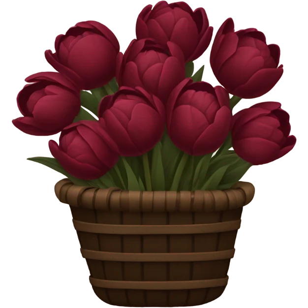 a black basket of flowers consisting of dark red peonies in shades of burgundy and  five tulips in shades of red emoji