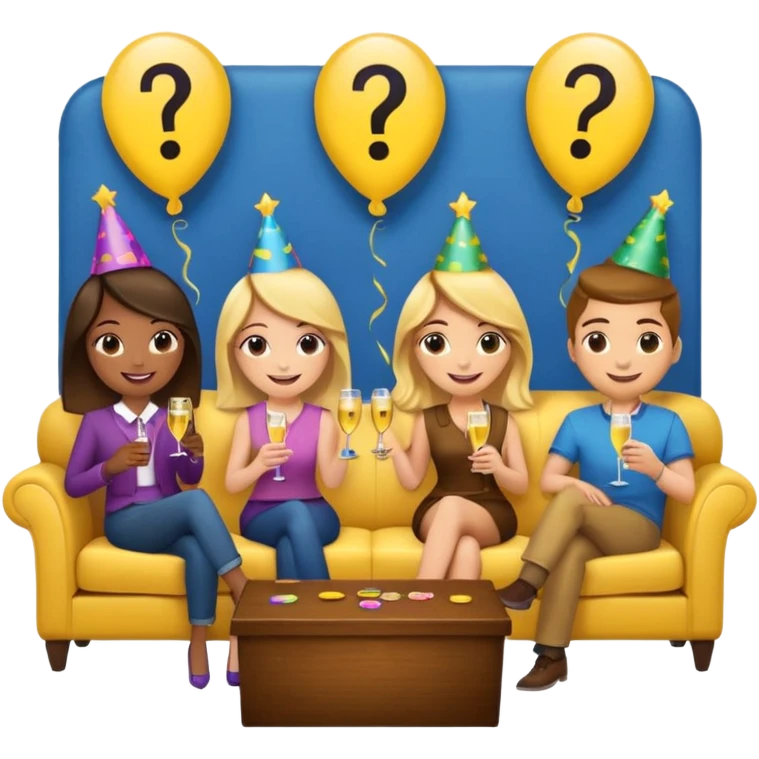 group of friends on couch playing a trivia game couch should be deep dark yellow color.  include a small wooden table in front of the couch as well.  Add smiling face emoji and question marks above their heads emoji