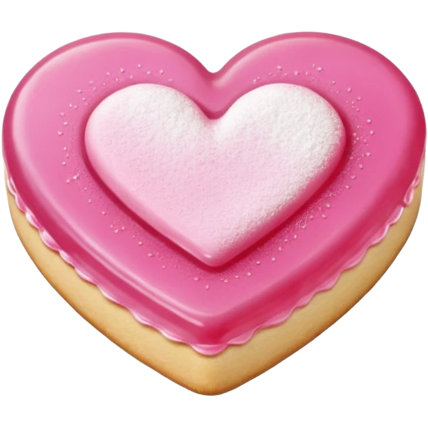Realistic shortbread cookie in the shape of a heart with pink jelly middle filling and sprinkled powder sugar on top. emoji