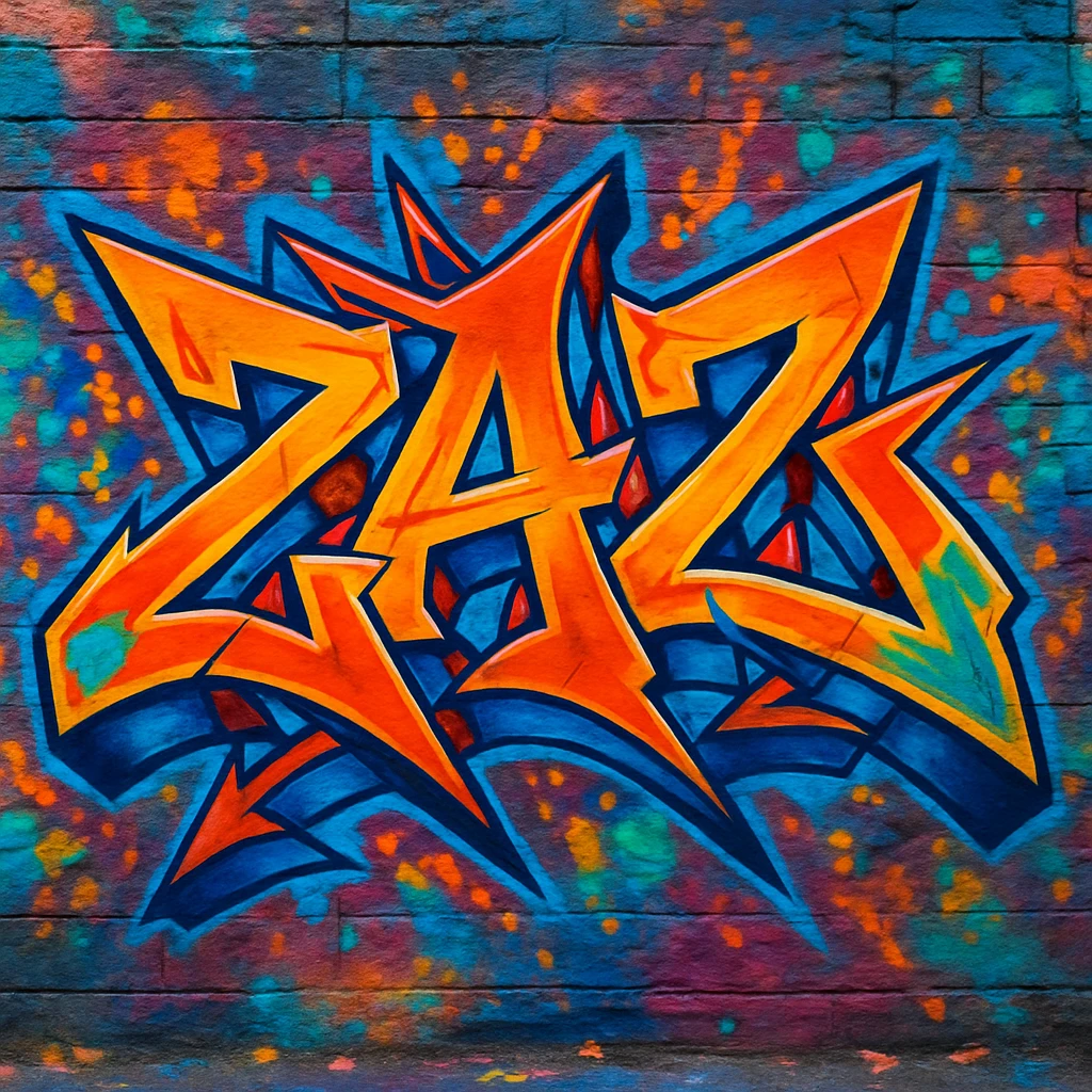 Graffiti text "ZAZ" in wildstyle graffiti. Complex, interlocking letters with arrows, spikes, and a dynamic composition. emoji