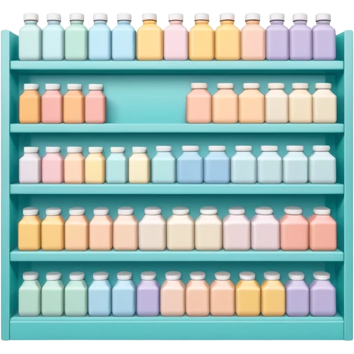 "Minimalist Japanese retail shelf display, products aligned identically across horizontal rows, vertically varied by type, clean spacing, precise symmetry, soft neutral lighting, aesthetic composition, highly organized, front-facing packages, ultra-detailed." emoji