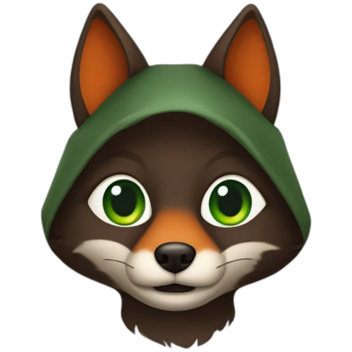 a small dark brown fox with orange eyes with a dark green hood emoji