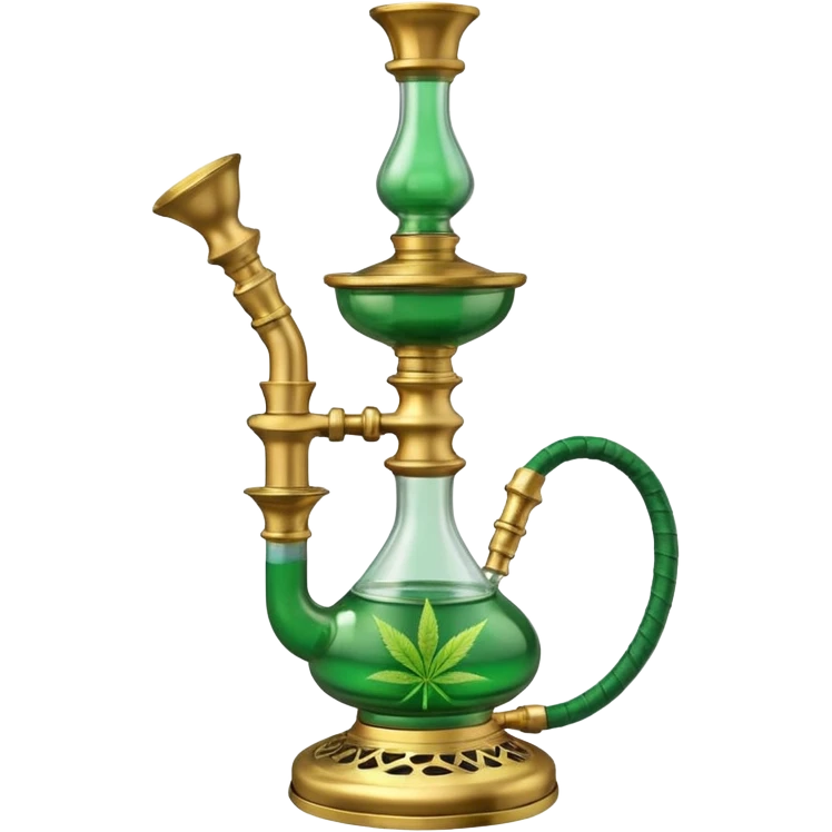 Brass hookah with green design on a glass water base and a weed banger on the top emoji