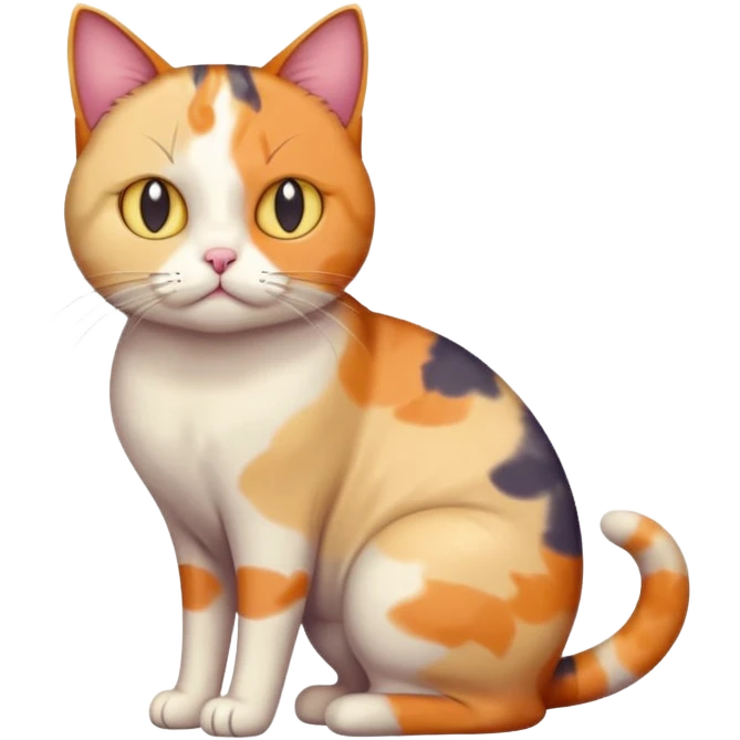 full body colourful calico cat with skinny head and fat body with an anxious face emoji
