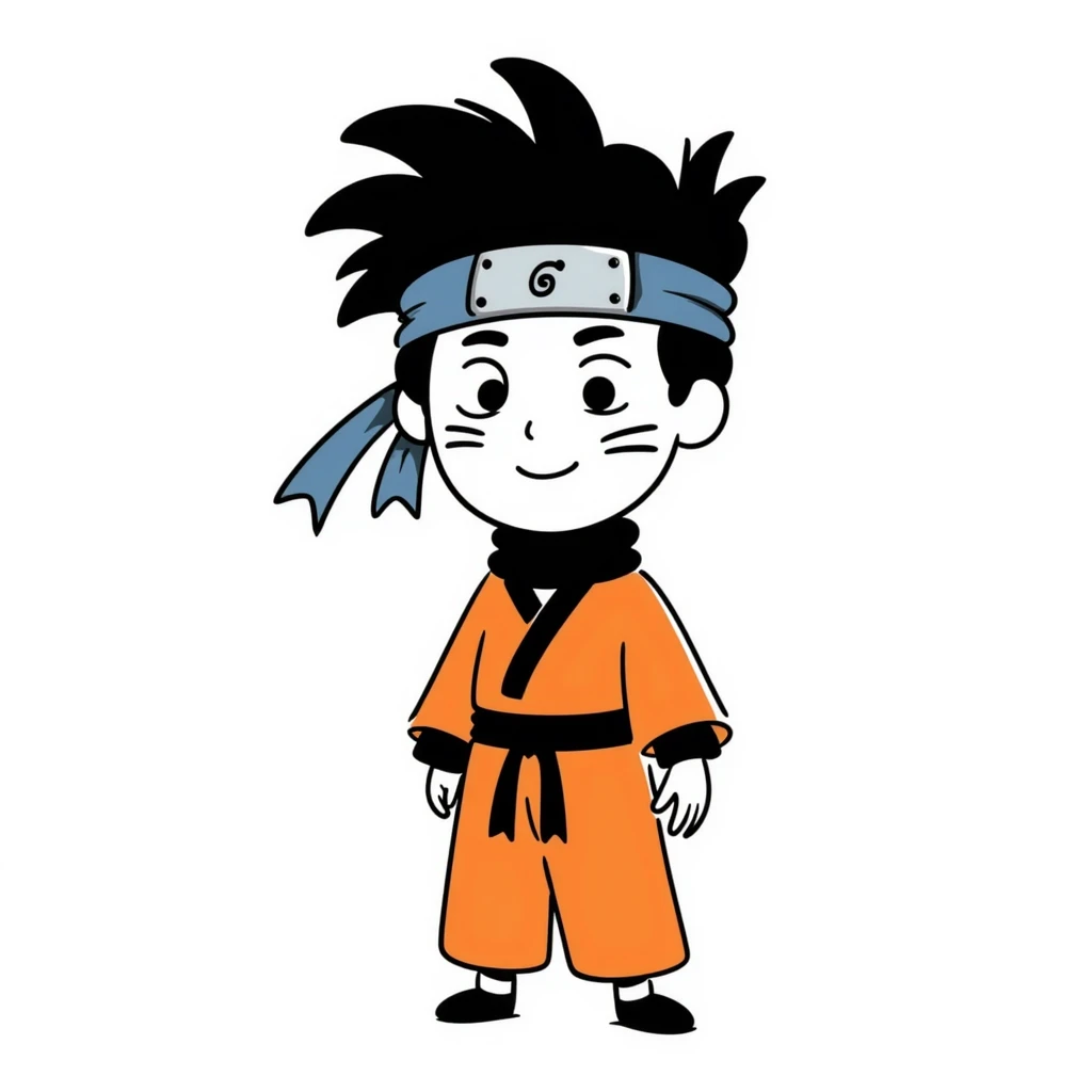 A blonde ninja boy with spiky hair, whisker marks on cheeks, orange outfit, and blue headband with metal plate emoji