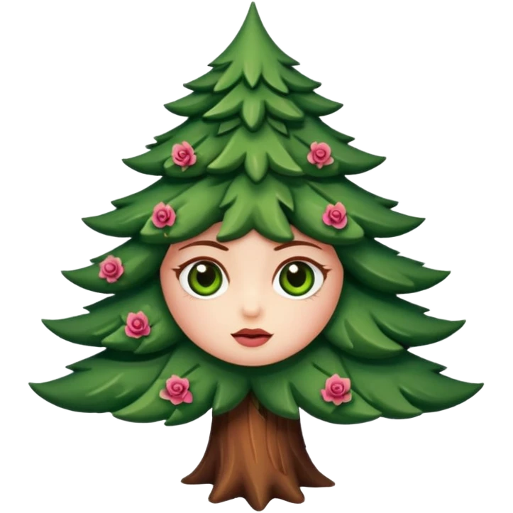 Petit sapin vert sylvestre, féminin, regard malicieux, tâches de rousseurs délicates, joues roses. Yeux de biche brillants en forme amande, yeux couleur ambre, tronc couleur acajou. Sapin en mouvement, incurvé pour un effet vivant. emoji
