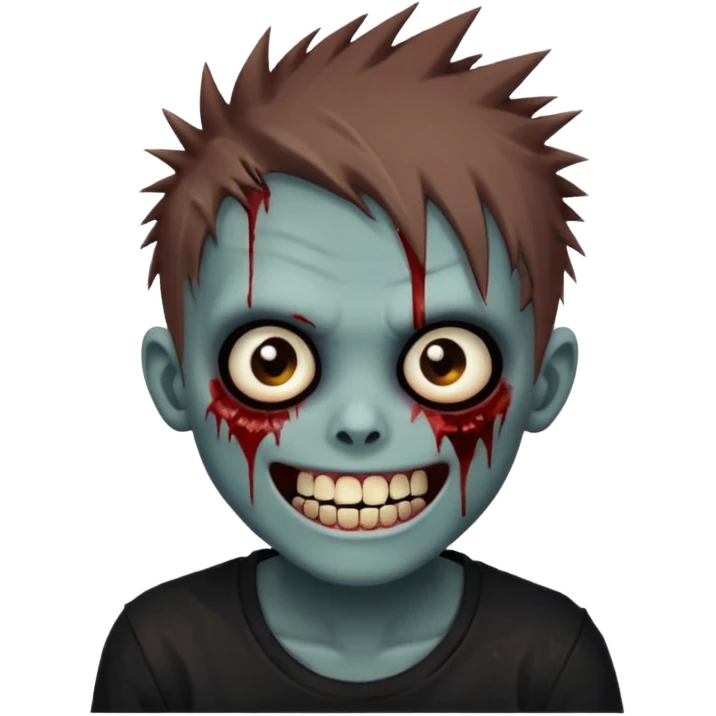 zombie boy with brown emo spiky hair, white skin, and white eyes; an open smile, and bloodied teeth; emoji