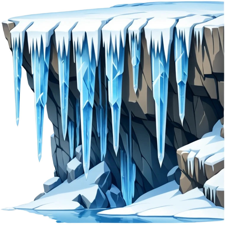 A stunning winter scene showing long, sharp icicles hanging from a frozen cliff or ledge, glistening in bright daylight. The surface is covered in snow and ice, with a cold blue and white color palette, highly detailed, realistic lighting, and frosty atmosphere. emoji