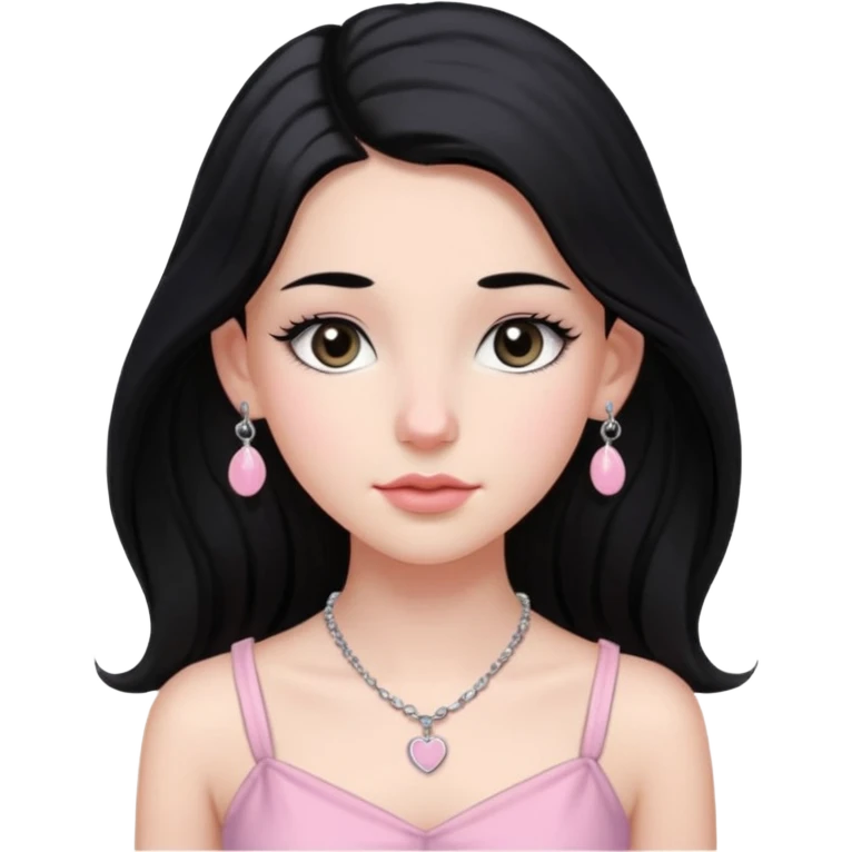 Menina branca ,cabelos pretos longos, olhos pretos puxados para cima. Cílios longos, lábios grossos ,nariz pequeno.vestido rosa claro de alça. Colar e brinco prata pontinho pequeno. Jovem  de 16 anos  emoji