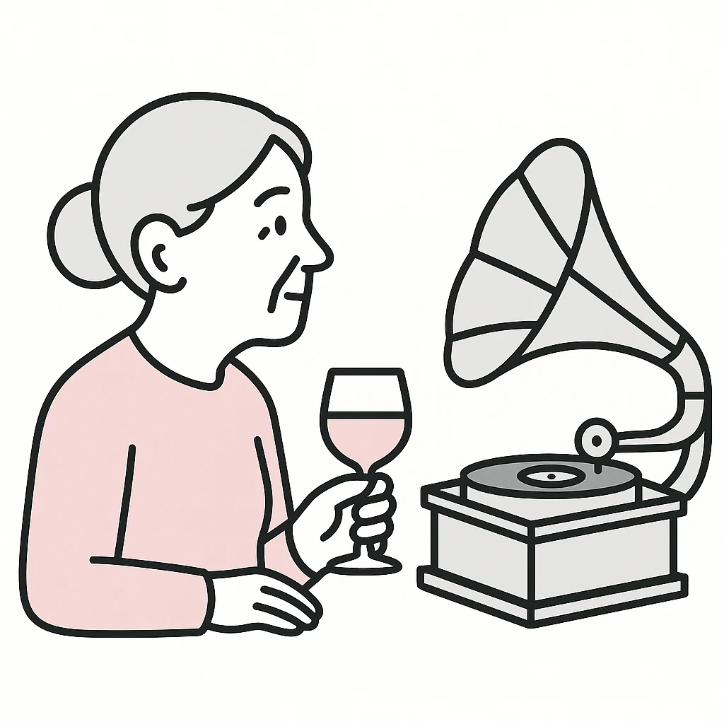 old lady with wineglass listening to gramophone emoji