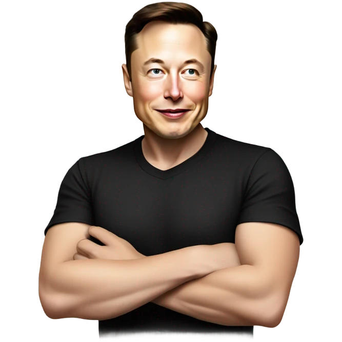 A cartoon-style illustration of Elon Musk with a confident smirk, wearing his signature black t-shirt, pointing downward. His facial expression should convey a mix of enthusiasm and playful authority.  emoji