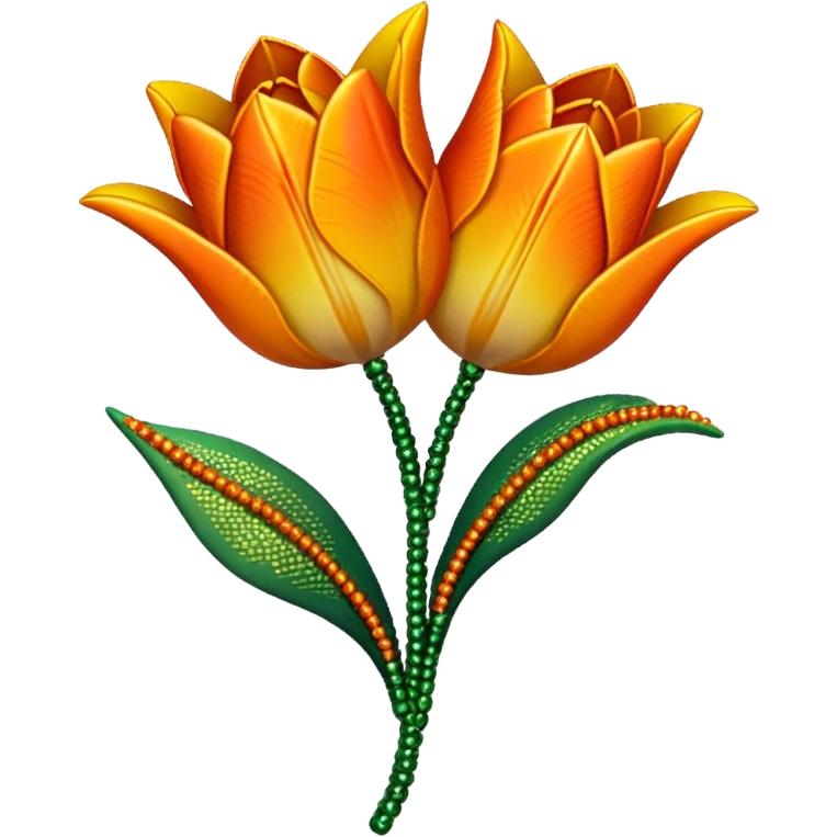 french beaded tulip, floral craft, sparkling glass beads, orange and yellow gradient petals, green foliage, realistic, elegant, no background emoji