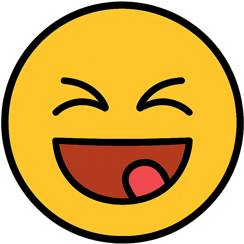 emoji face with tightly shut eyes, big smiling mouth, tongue touching upper lip, icon style emoji