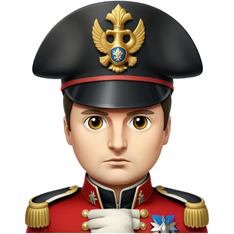 Cinematic Realistic Napoleon Bonaparte Portrait Emoji, depicted as a commanding military leader with a determined gaze and iconic bicorne hat, rendered with dramatic textures and bold historical lighting that captures his imperial legacy. emoji
