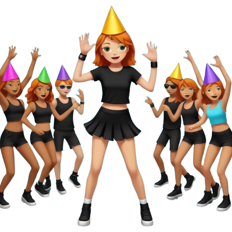 Ginger girl dancing at a rave. Full body, wearing dark colours emoji