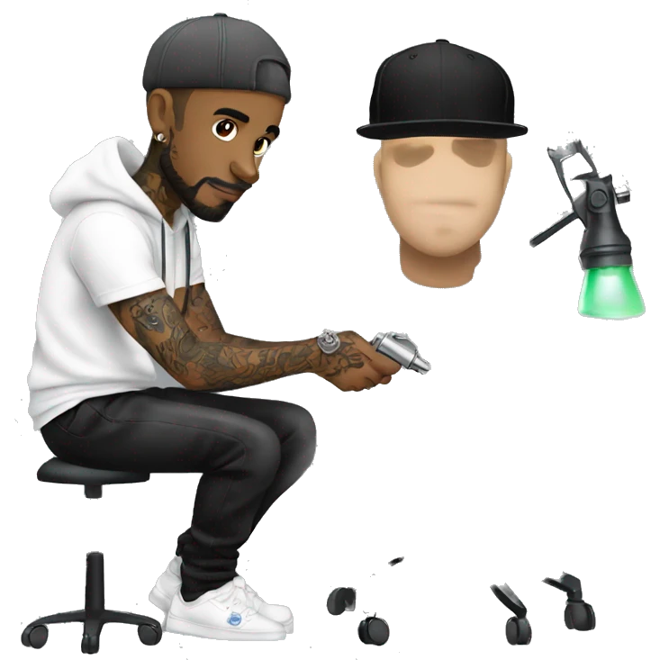 male tattoo artist using hoodie and cap holding tattoo machine emoji