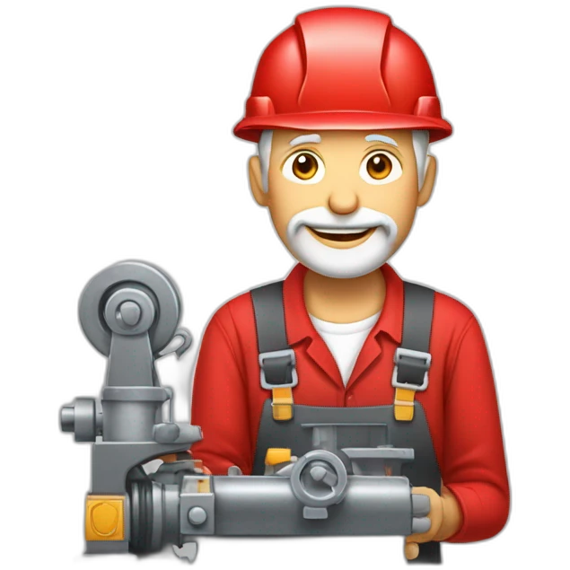 Industrial professional senior mechanical assembler working on the assembly of heavy machinery with a red outfit emoji
