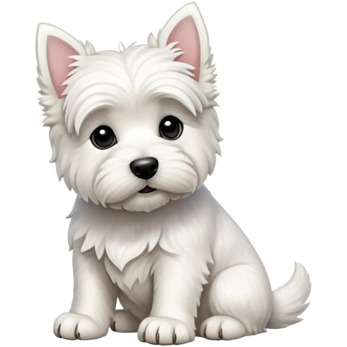 cinematic-[west highland white terrier]-realistic-full-body-sitting-emoji,-tail-resting-loosely-beside-its-paws,-head-tilted-dramatically, dooped ears -wavy-[white-fur,-simplified-yet-realistic-focused-features,-highly-detailed,-glowing-with-an-almost-sarcastic-glow emoji