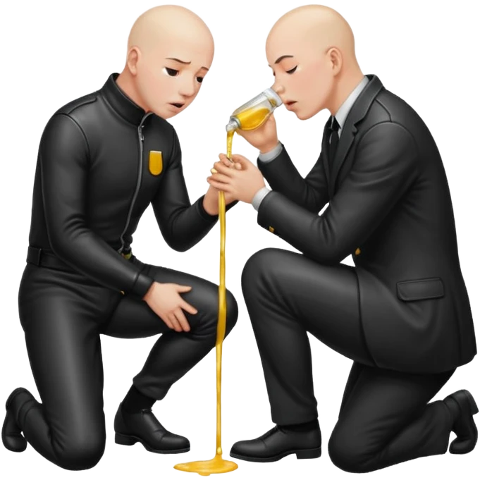 Bald man on his knees submissive to tall, standing man in leather, pouring piss down his throat emoji