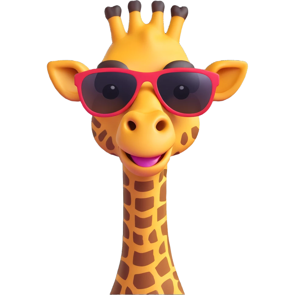 A smug, cool giraffe wearing sunglasses, with a confident smirk. The design should be sleek and stylish, with a slight tilt of the head and maybe a tiny tooth showing. Perfect for 'POG' or 'cool' moments. emoji