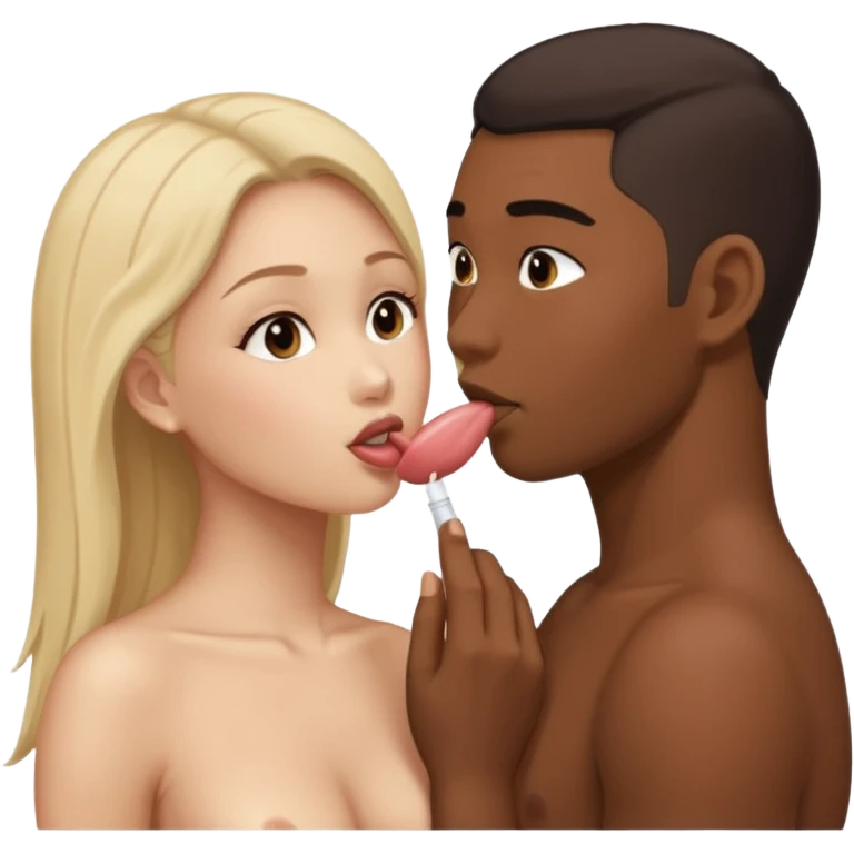 Nude light-skinned female giving fellatio to darker-skinned asian male emoji
