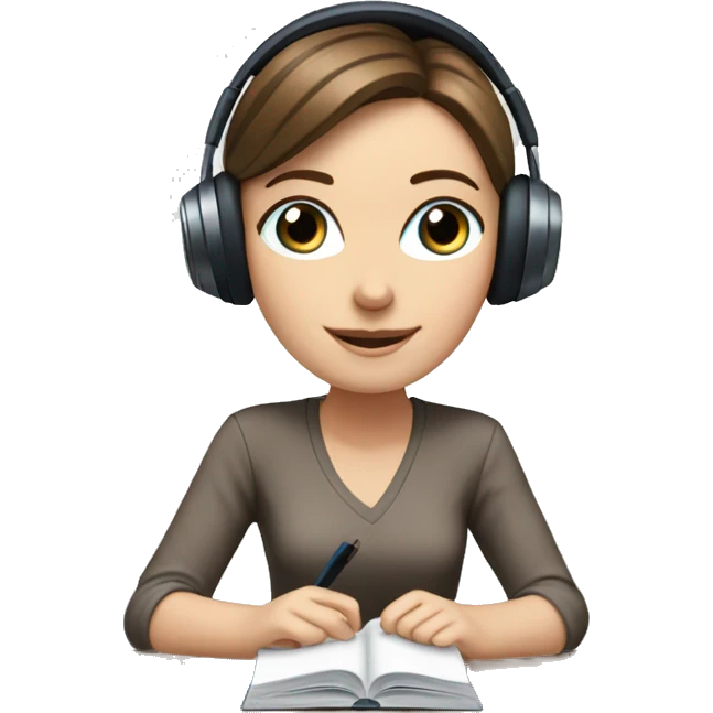 white girl studying at desk, brown hair, blue eyes, computer, headphones emoji