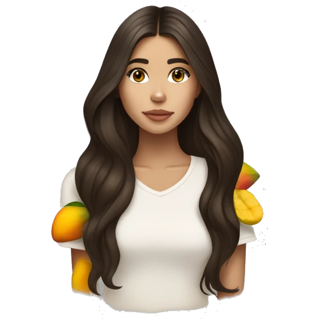 brunette, long haired, brown eyed, madison beer wearing Aritzia and holding a yuzu and mango emoji