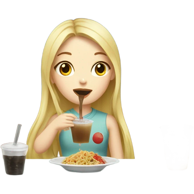  Blonde long hair girl eating Korean food and drinking boba emoji