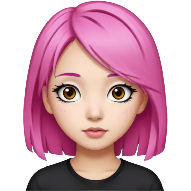 An Asian girl with pink hair, big eyes, thick eyebrows, and long eyelashes;  emoji